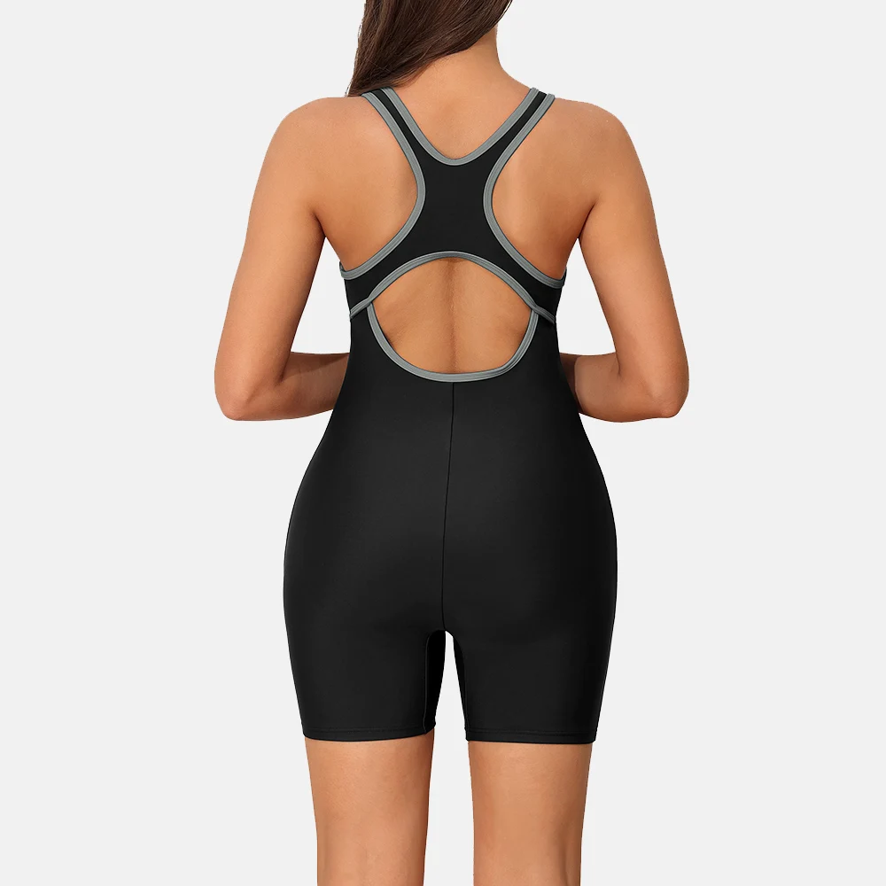 Women Sports One-Piece U Neck 2 Sides Pockets Boyleg X-Shaped Straps Removable Bras Professional Athletic Swimsuit Attraco