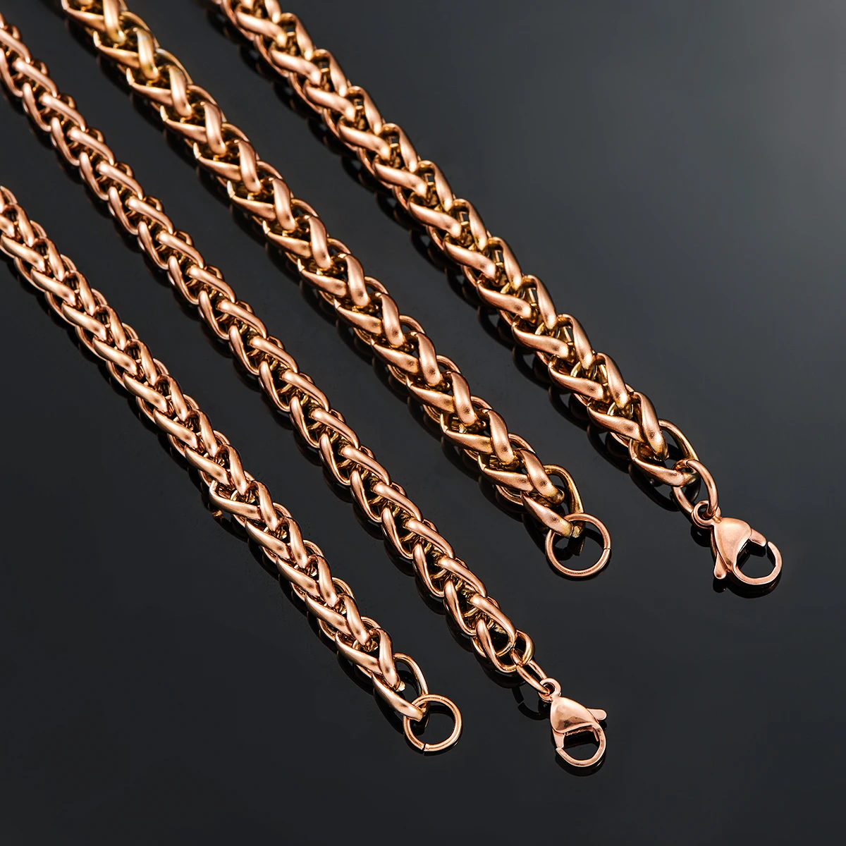 Stainless Steel Wheat Braided Necklace 3mm/4mm/5mm/6mm/7mm Rose Gold Color Classic Curb Chain for Men Women Jewelry