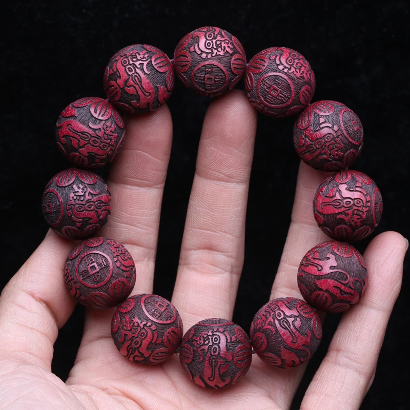 Natural Multicolor Wooden Bracelet Men's 20mm Elastic Bracelet Wooden Bead Lucky Sculpture Mythical Animal