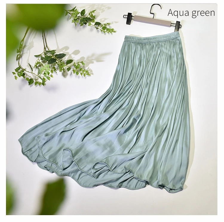 Summer Silky Skirt Elastic High Waist Glossy Silky Long Skirt Sea-Island Filament A-line Skirts Beach Vacation Pearlescent Dress
