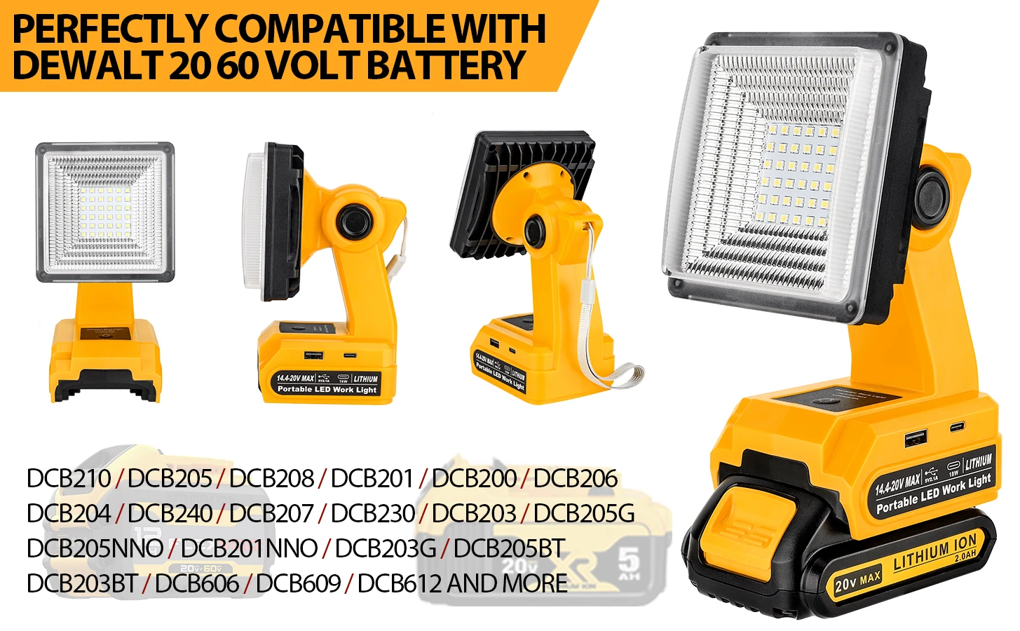 25W LED Work Light for Dewalt Battery Outdoor Flood Light with Fast Charging Por