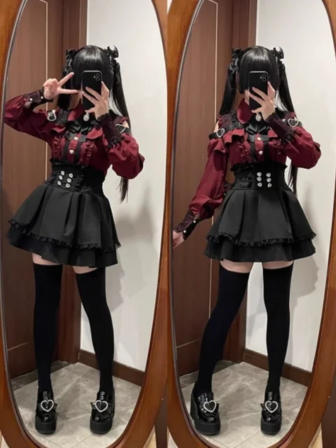 k Romantic oulder Bared irt And f Skirt Set Spring Autumn Japanese School orm Sle Two Piece Set for Teen Girls