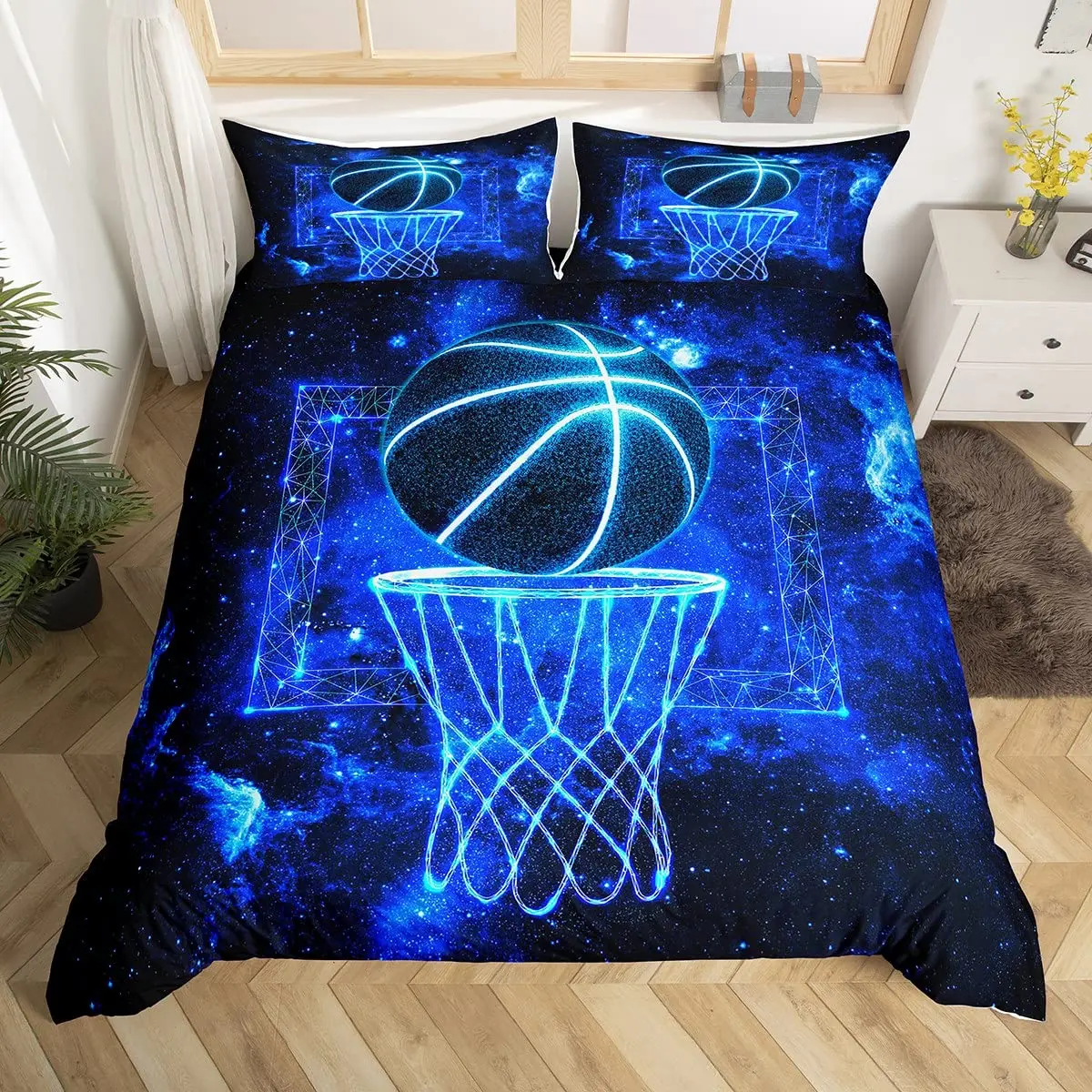 Basketball Court Print Bedding Set Twin Size,Ball Sports Games Themed Duvet Cover, Boys Game Room Decor Comforter Cover 2