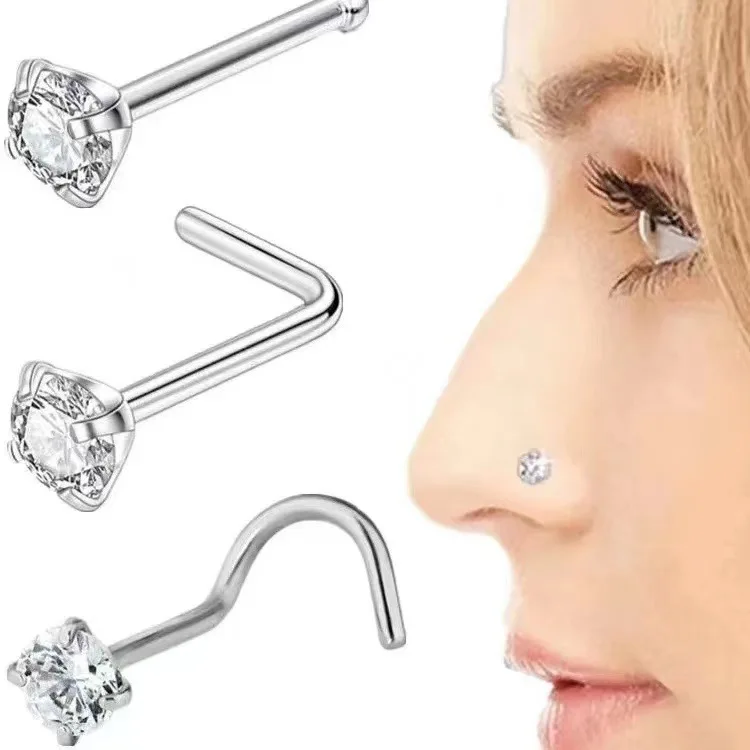 Piercing Jewelry Surgical Steel Crystal CZ Nose Ring L Shape Nose Studs Square Nostril 1Piece