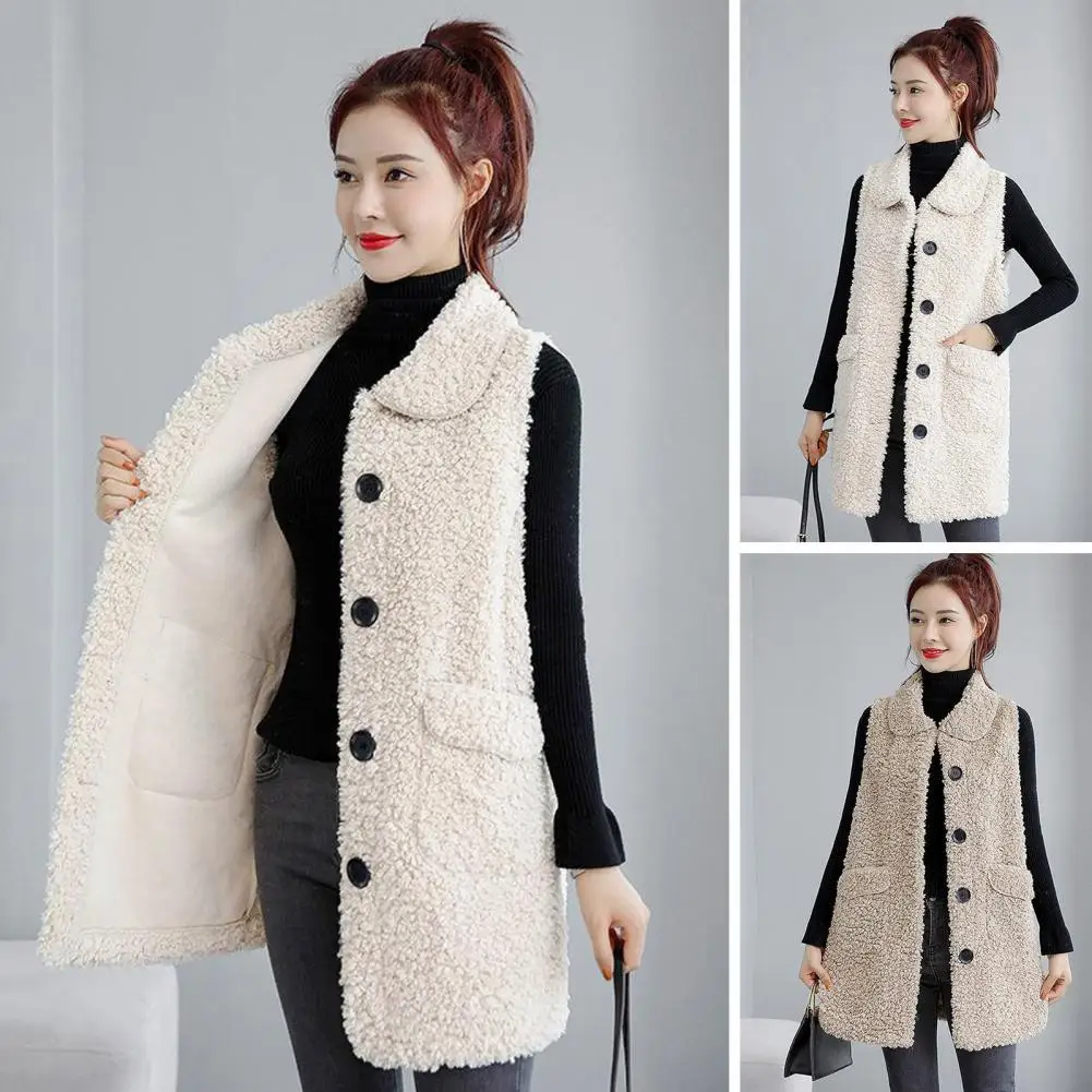 

Women Vest Jacket Women's Fall Winter Fleece Vest Coat with Lapel Pockets Mid Length Thick Warm Soft Waistcoat for Ladies