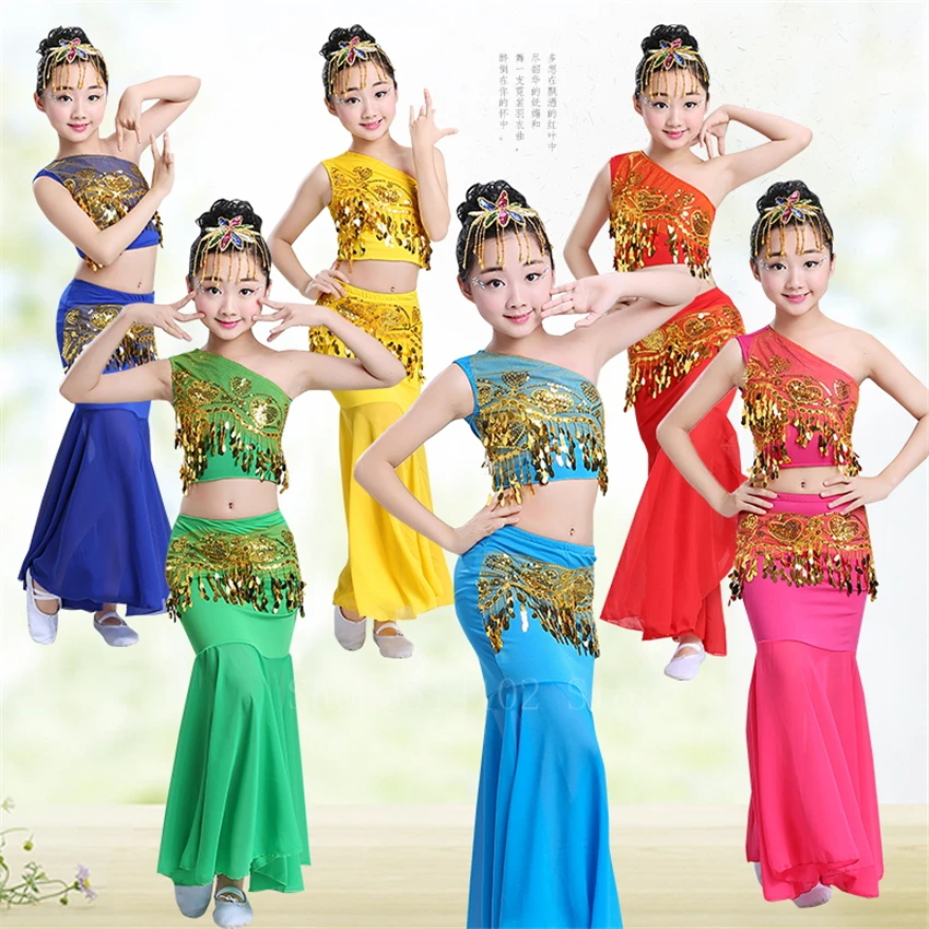 

Children Egypt Performance Pratice Clothes Oriental India National Girl Sequins Shoulder Off Tail Belly Skirt Bellydance Costume