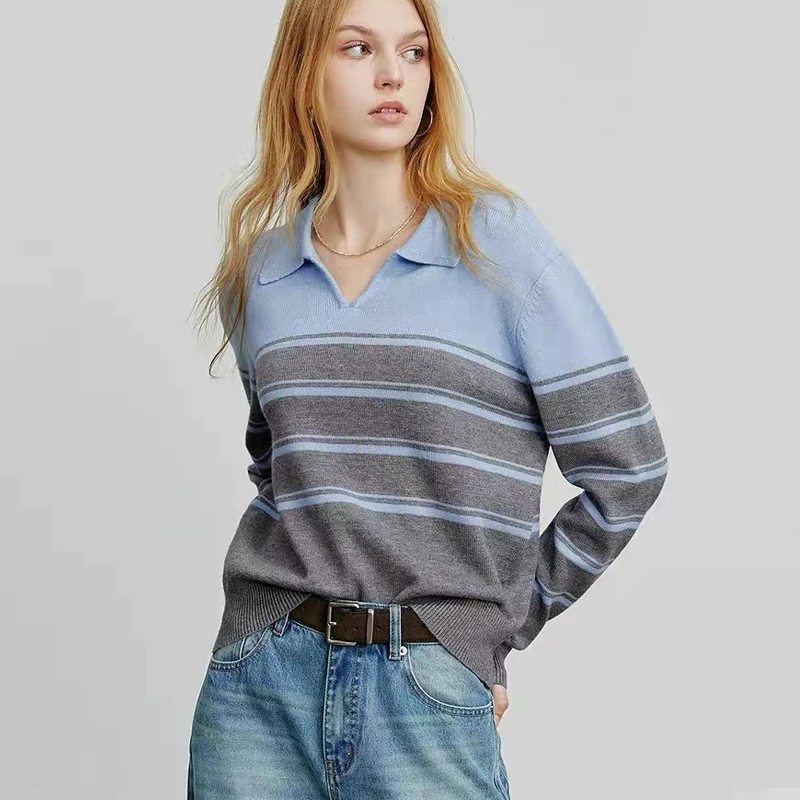 Autumn and Winter New Women's Crew Neck Striped Contrasting Color Long-sleeved Sweater Turn Down Collar Casual Knitwear Top