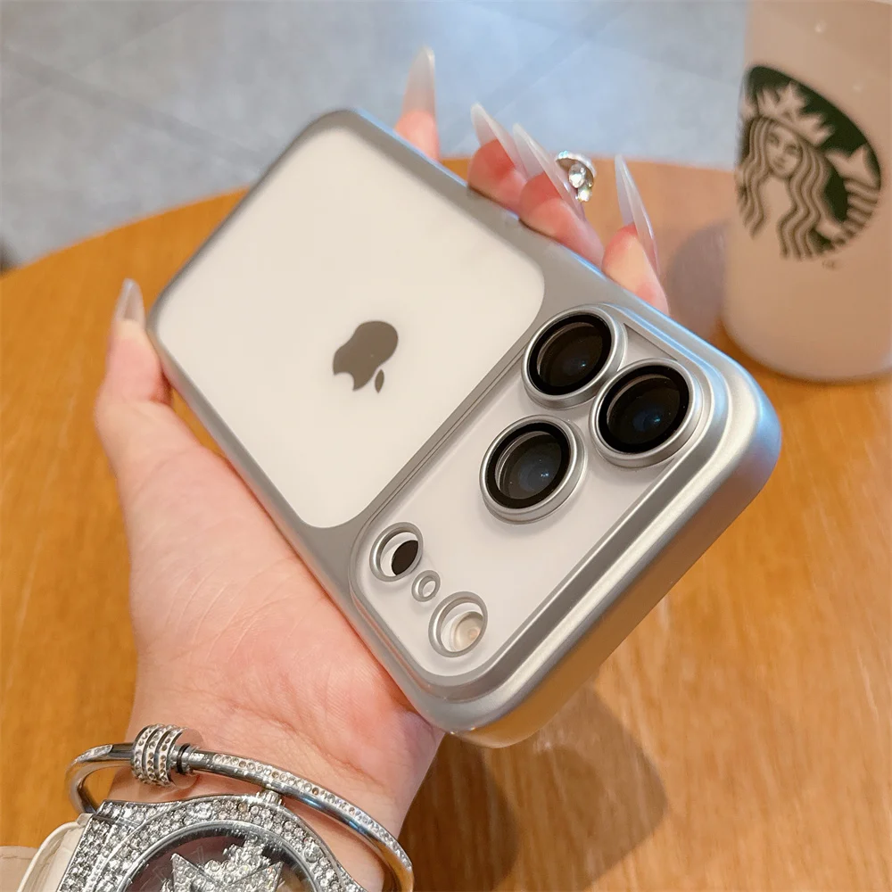 Luxury Frosted Transparent Matte Phone Case with Full Lens Protector and Metallic Frame
