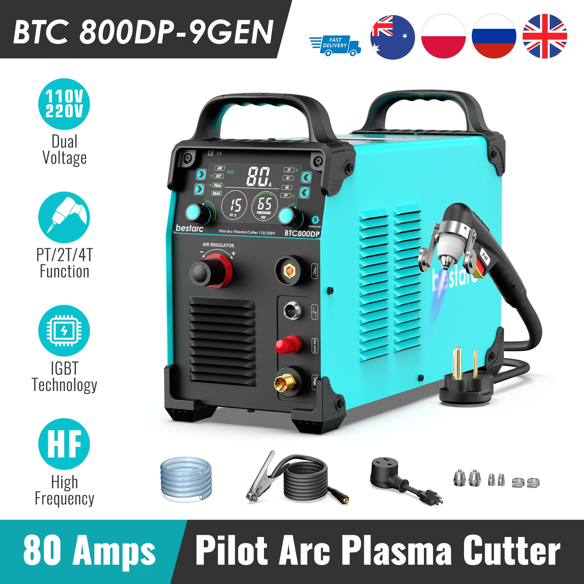 bestarc Plasma Cutter Machine BTC800DP Pilot Arc 9th Gen 80A Digital Screen Display 220V 380V Plasma Cutter