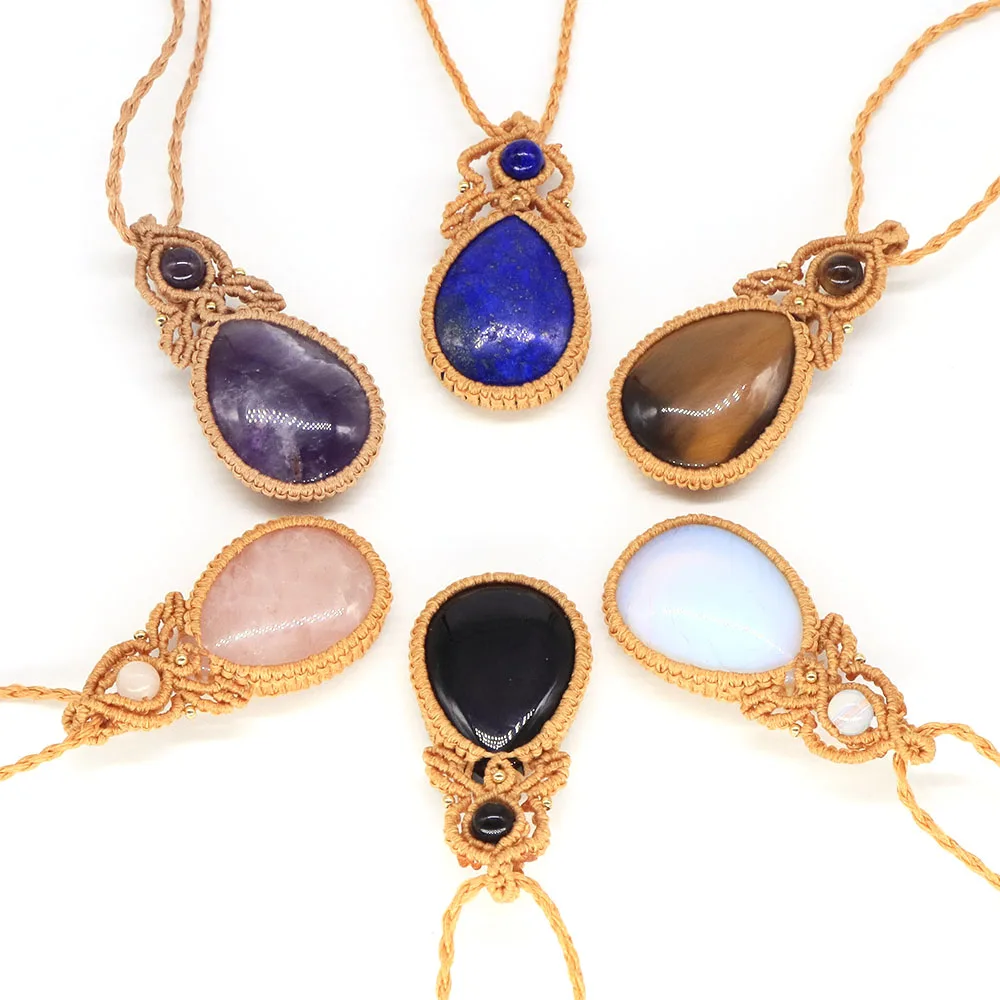 

Natural Healing Crystal Necklace Stone Pendants Thread Rope Wrap Quartz Tear Water Drop Amethyst Tiger Eye Fashion Jewelry Gifts
