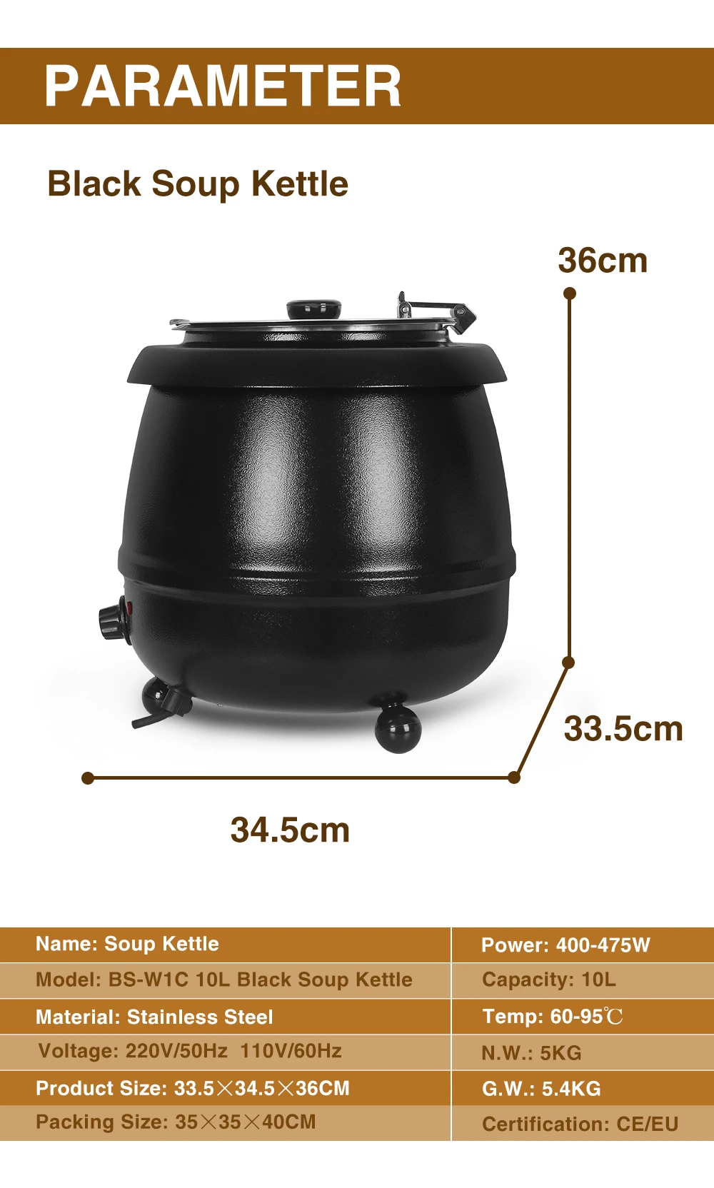 GZZT 10L Stainless Steel Electric Soup Kettle 400-475W 60-95℃ for Soup & Warm Food CE/EU Certified Electric Pot Cooker
