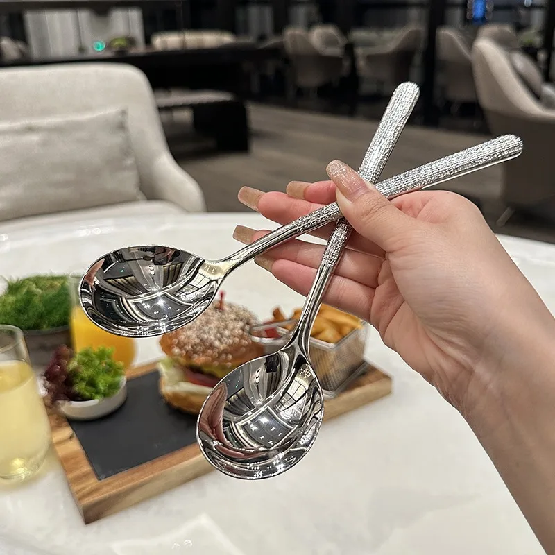 Household Round Head Stainless Steel Spoon Korean Style Long Handle Spoon Dessert Dining Spoon Drop-resistant and Reusable