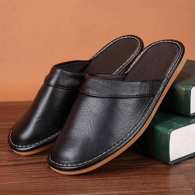 

Plain Black Leather Slippers For Men Home Slides Mules Shoes Men's Indoor Slipper Husband Room Mute Shoes Male Flip Flops Solid