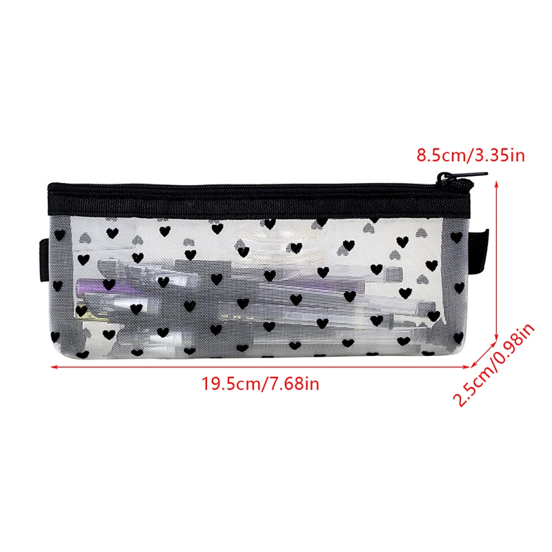 Mesh Cosmetic Makeup Bags Case Holder Cute Transparent Zipper Black Heart Printed Pencil Pen Case Pouch Convenient To Carry 6