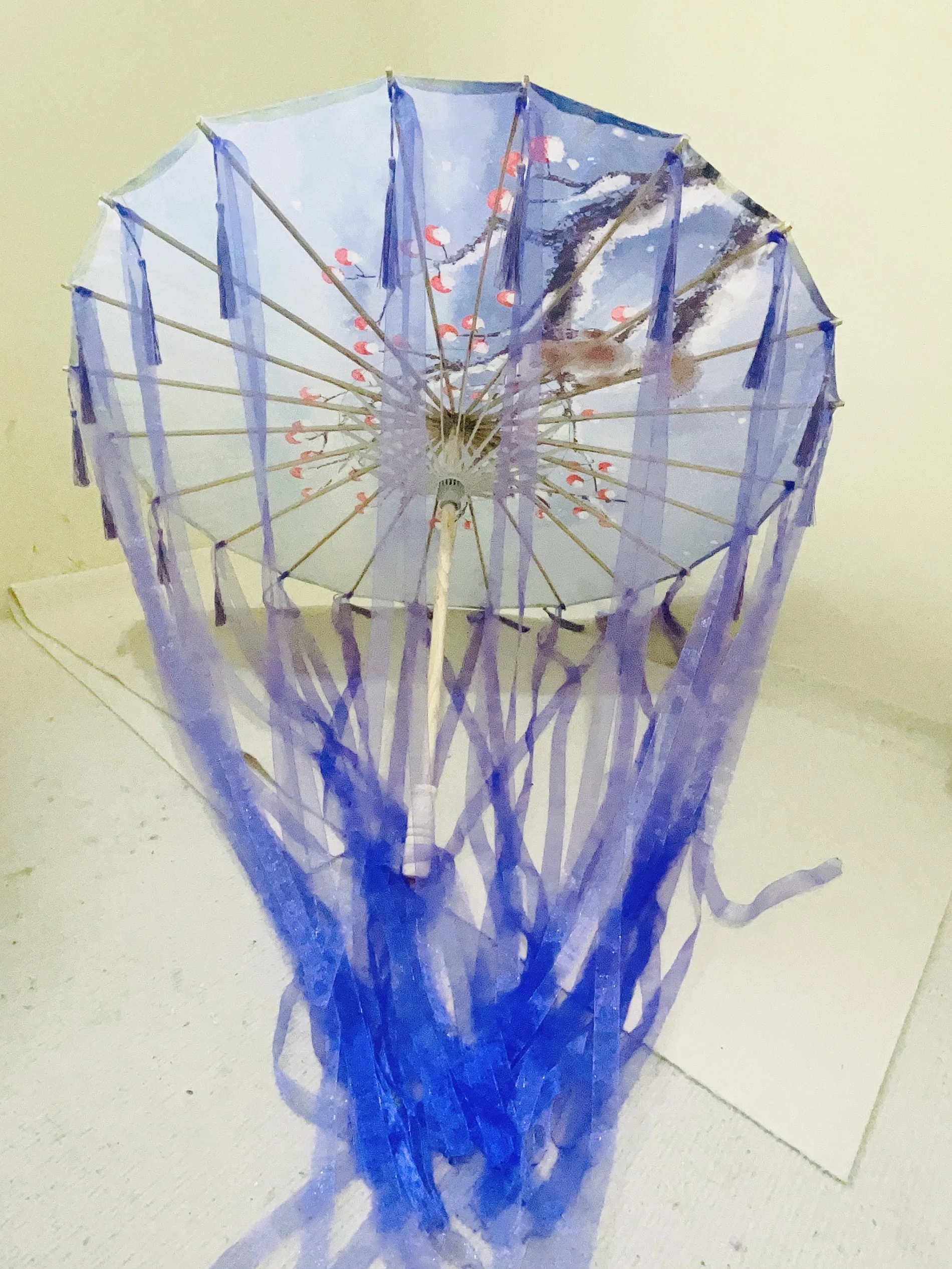 Purple Hanfu Oiled Paper Umbrella with Antique Tassels and Ribbons