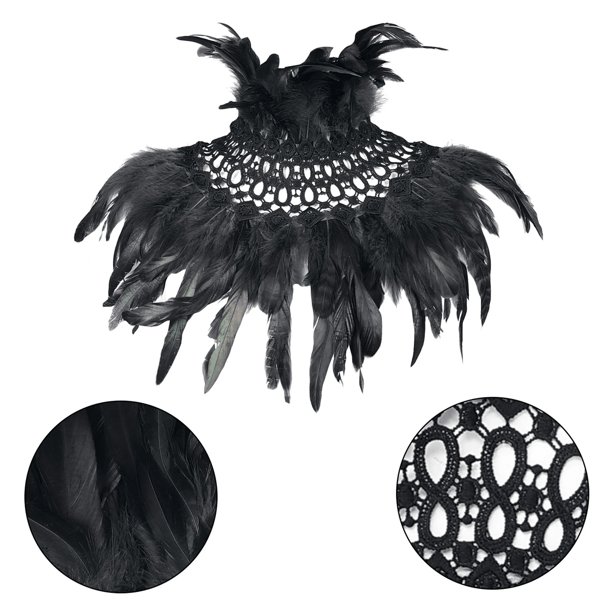 Black Gothic Feather Shawl Cape Halloween Costume Cosplay Party Dress Up Real Feather Collar for Women and Girls