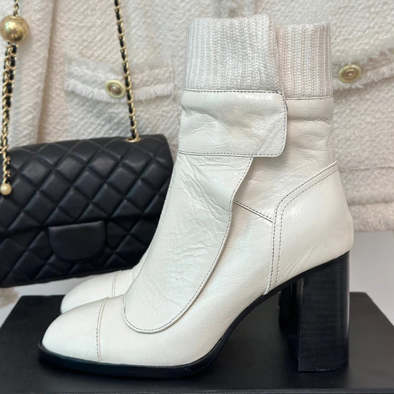 

Women Boots Winter 2023 Real Leather Upper Platform Design Round Toe Mixed Colors Ankle Boots Temperament High Heel Female Shoes