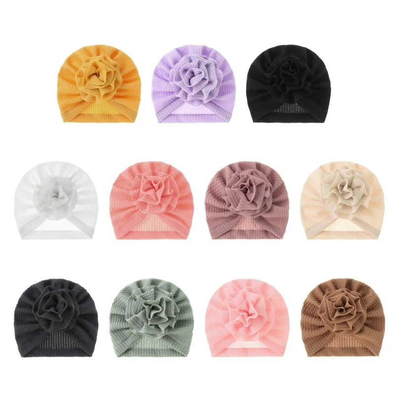 

Newborn Infant Baby Turban Hat with Big for Sun Flower Bowknot Ribbed Striped Knitted Toddlers Bonnet Beanie Solid Color