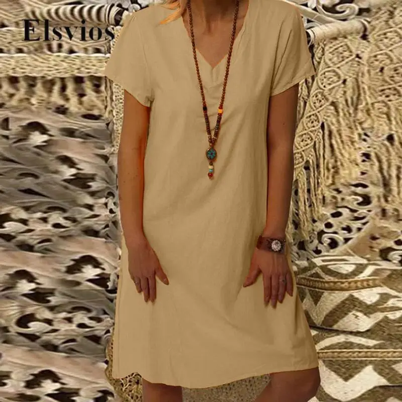 

Women Spring Fashion Loose T-Shirt Dress Summer Female Short Sleeve A-Line Dress Casual V-neck Solid Color Pullover Party Dress