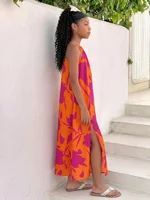 Robe décontractée pour filles, robe d'été tropicale à fleurs, dos nu, avec fente, en orange vif, adaptée aux enfants de 8 à 12 ans 4