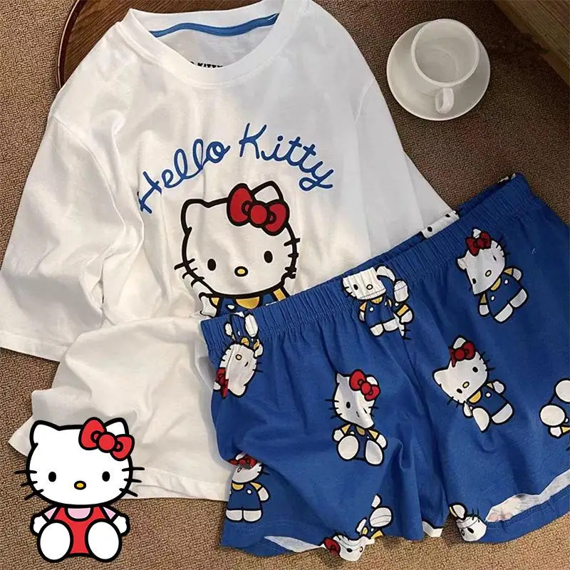 طقم بيجامات هالو كيتي ملابس منزلية طقم مكون من قطعتين مريح كاواي Y2K فضفاض من القطن الخالص بأكمام قصيرة