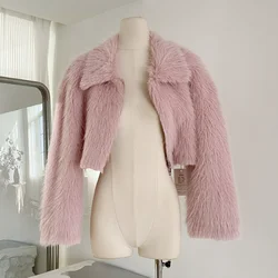 Women Pink Faux Fur Fashion Short Coat New Autumn Winter Warm Long Sleeve Metal Zipper Korea Chic French Double Faced Fur Coat