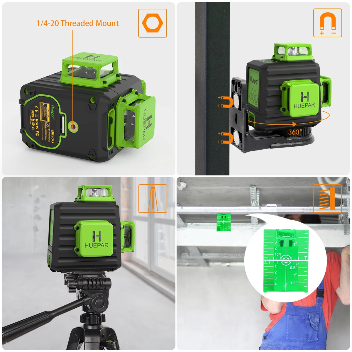 Huepar B03TP 12-Linien-Lasernivelliergerät 3D Selbstnivellierend Hohe Helligkeit Grüner Horizontaler Vertikaler Kreuzlinienlaser Mit Stativ – Detail 11