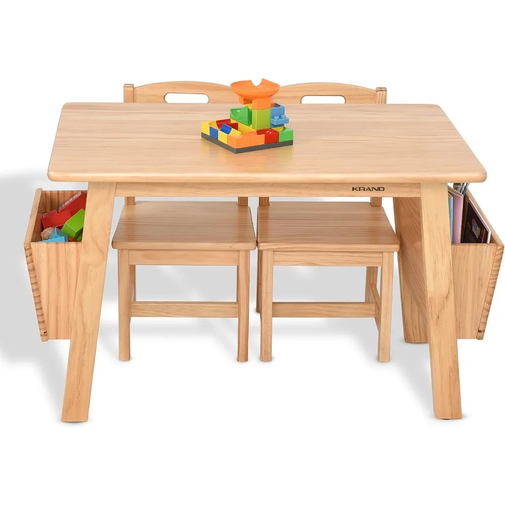 Kids Solid Wood Table and 2 Chair Set with Storage Desk and Chair Set for Children Toddler Activity Table (Solid Wood/Natural) 3