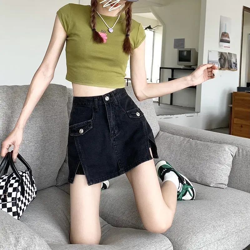 Invisible Open Crotch Denim Skirt Women's Summer 2022 Fashion High Waist Short Skirt Retro Culottes Outdoor Convenient Sex Short