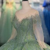 Green Quinceanera Dresses Organza Long Sleeves Flowers Evening Dresses Pearls Lace Vestidos De Fiesta Customized 1320 3