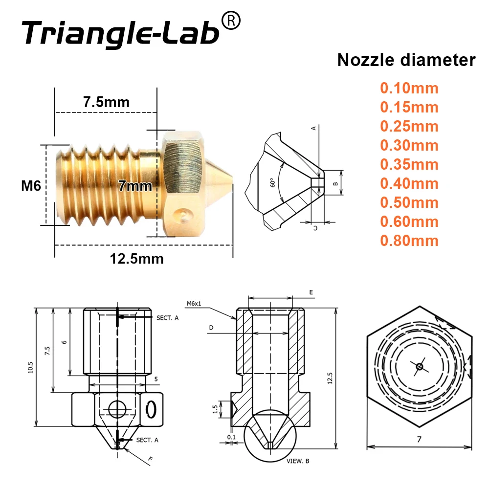 Premium Brass V6 3D Printer Nozzle