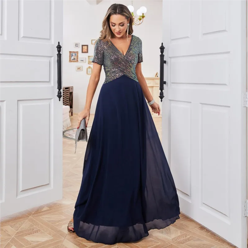 

Beautiful Lady Charm New Evening Dresses Fashion V-neck Open Back Cross Design Short Sleeve Chiffon Long Dress Popular Clothes