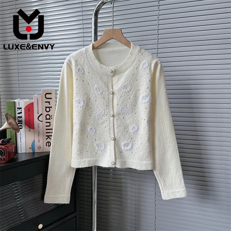 

LUXE&ENVY Round Neck Knitted Cardigan For Women New French Style Celebrity Temperament Sweater Jacket 2023 Autumn