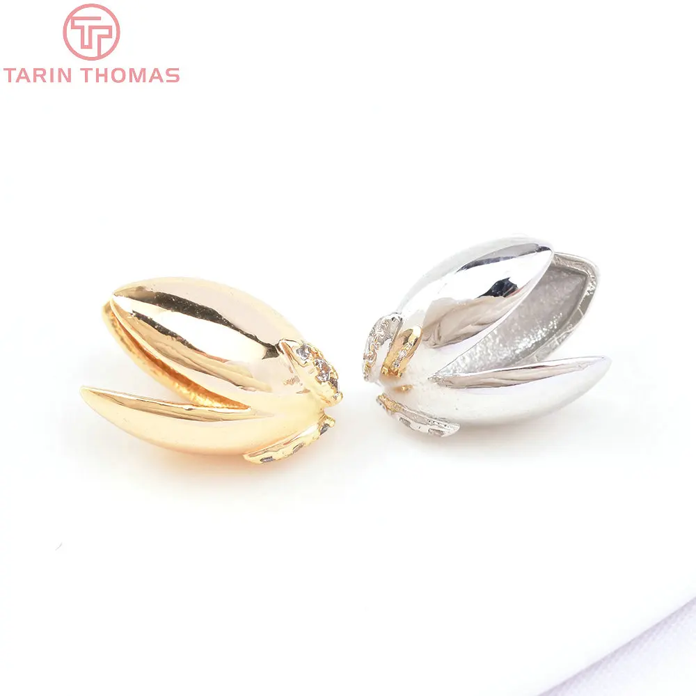 

(3213) 4PCS 8x10.5MM 24K Gold Color Brass with Zircon Bead Caps Connector Quality DIY Jewelry Making Findings Accessorie