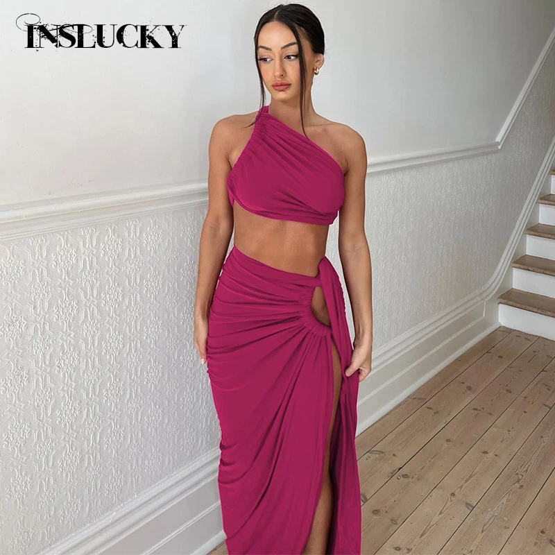 

InsLucky Sexy Backless Skew Collar Folds Cropped Top Matching Hollow Out Drawstring Bandage Long Skirt Beach Elegant Two Pcs Set