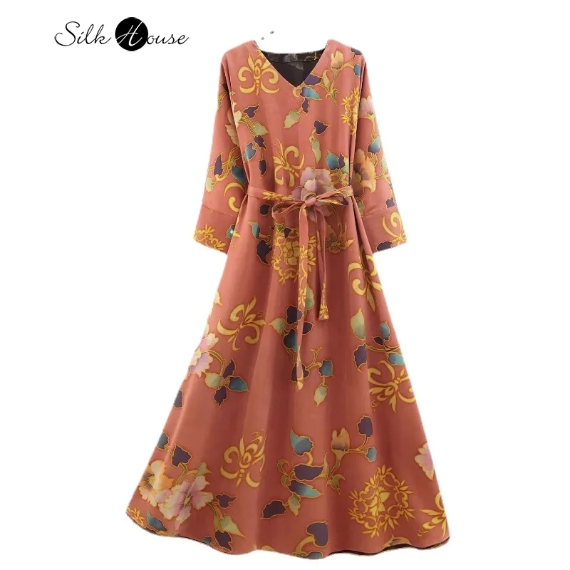 

2023 Women's Fashion Autumn New 60MM Hand Painted Transparent Natural Mulberry Silk Fragrant Cloud Yarn Heavy Satin Dress