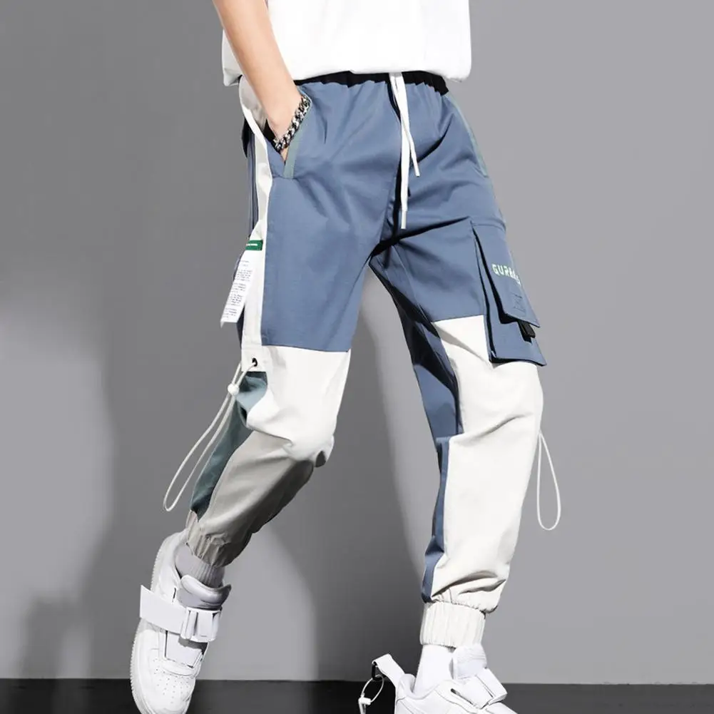 Men Cargo Pants Color Block Elastic Waist Ribbons Harem Trousers Streetwear Korean Style Loose Fit Ankle Tied Jogging Pants for