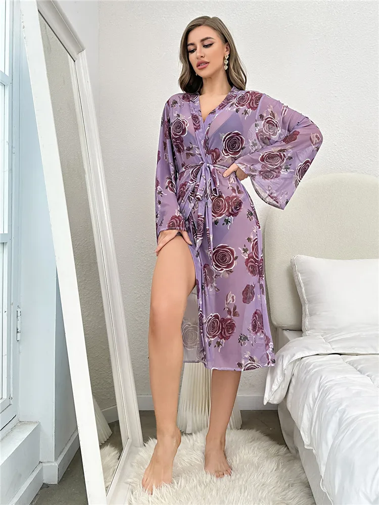 Summer Autumn Women's Bathrobe Print Belted Bridesmaid Robe Open Side Long Night Gown Mesh Nightie women sleepwear bride robes cotton bathrobe