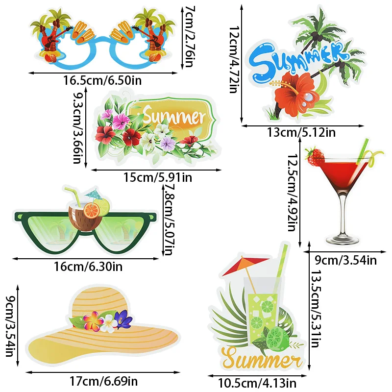 1set Hawaiian Photo Booth Props Hello Summer Aloha Luau Camera Shooting Prop Tiki Bar Happy Tropical Beach Hawaii Party Supplies