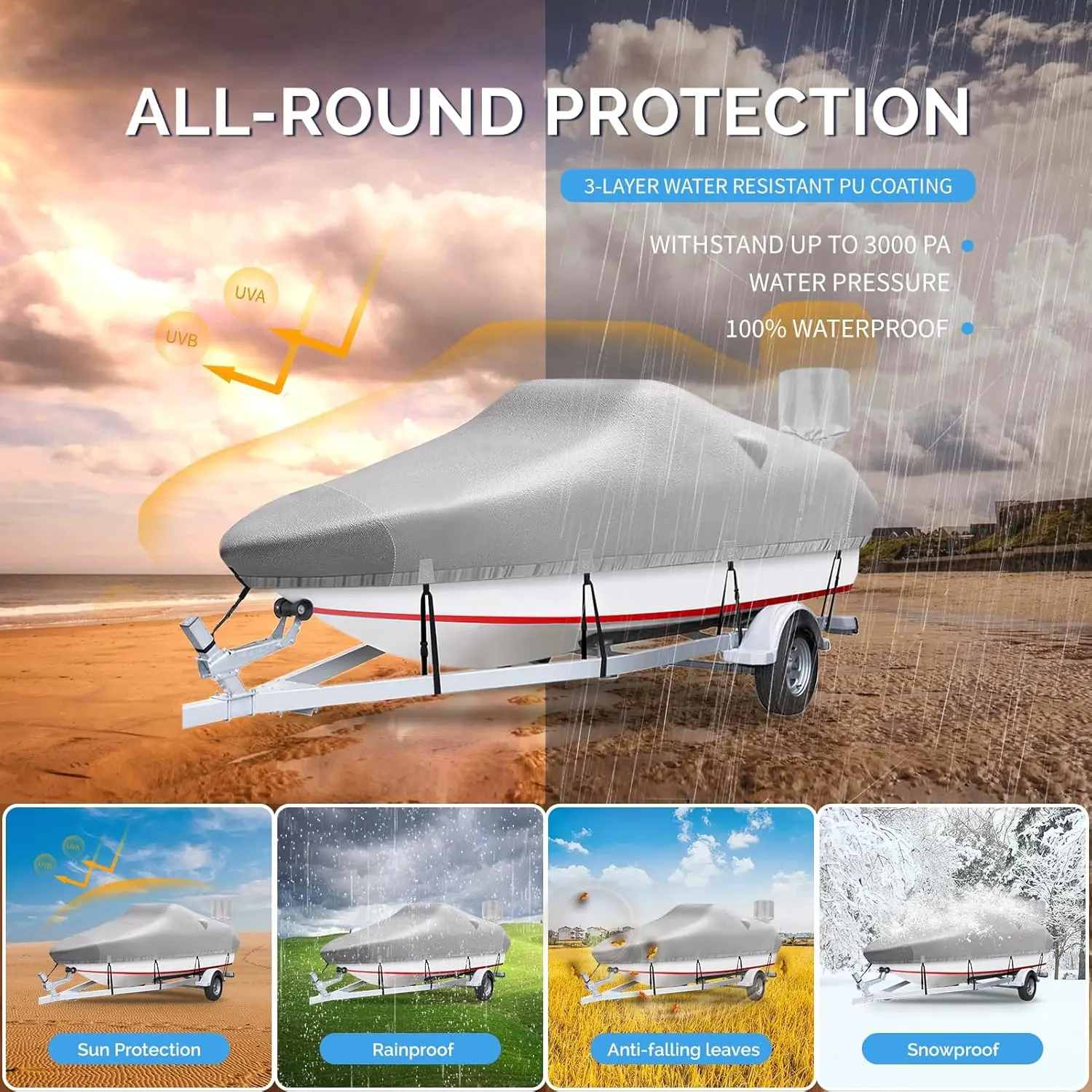 17'-19' Heavy Duty 1200D Polyester Canvas Trailerable Boat Covers, UV Resistant Waterproof Bass Boat Covers with Motor Cover