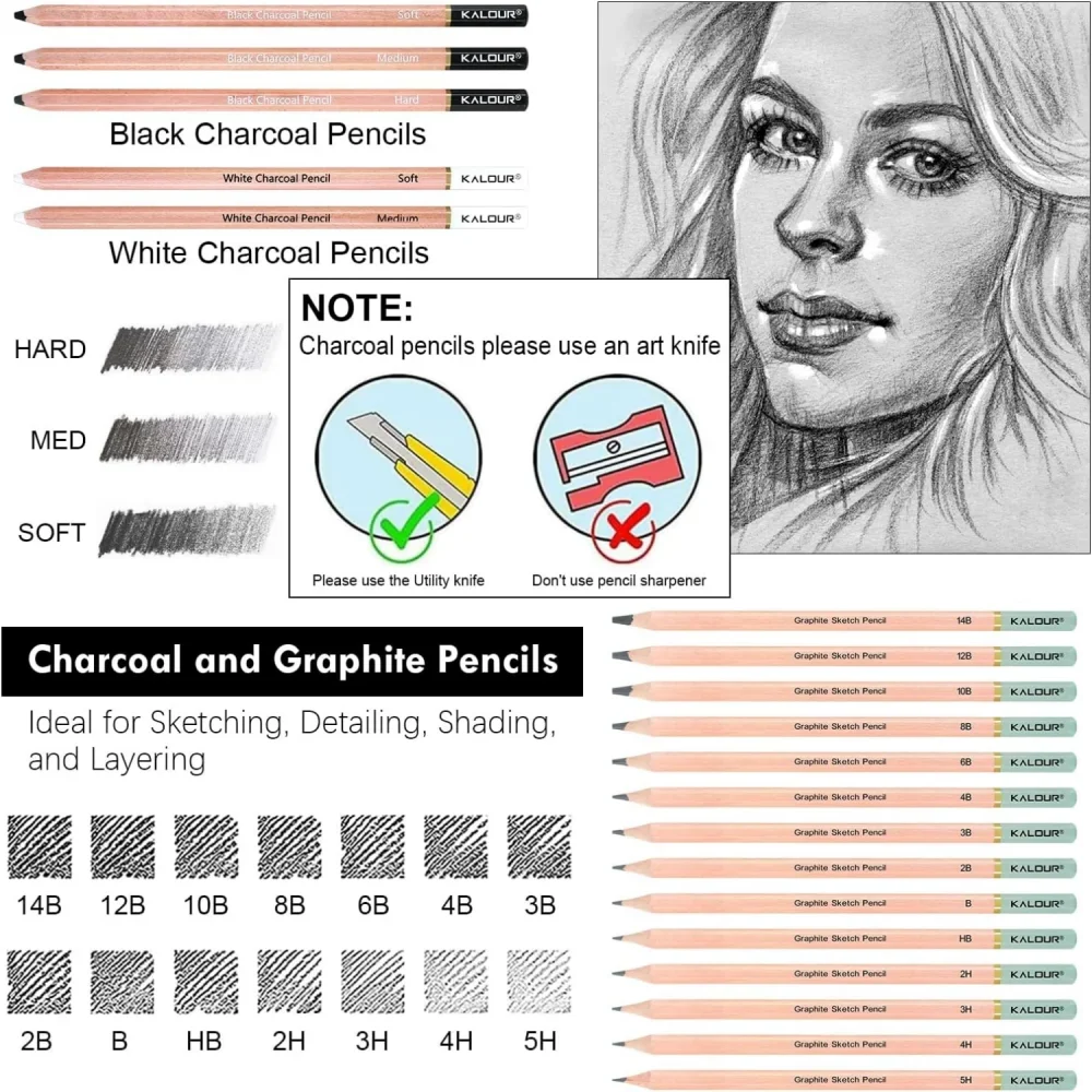 39개 드로잉 연필 세트, 스케치 연필(5H-14B), 스케치용 흑백 숯 연필, 지우개 브러쉬 펜, 숯 스틱