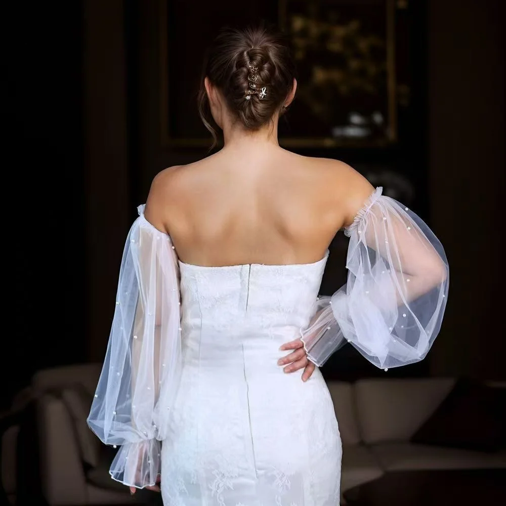 Bridal Sleeves Fluffy Detachable with Pearl Women's Wedding Dress Accessories