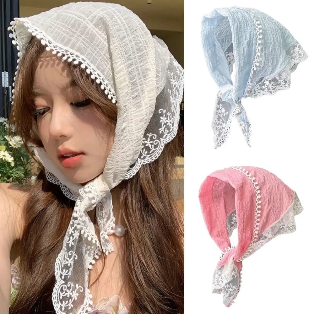 

Lace Headscarf Breathable Fringe French Pastoral Style Headband Triangular Sun Protection Headband Towel Girls