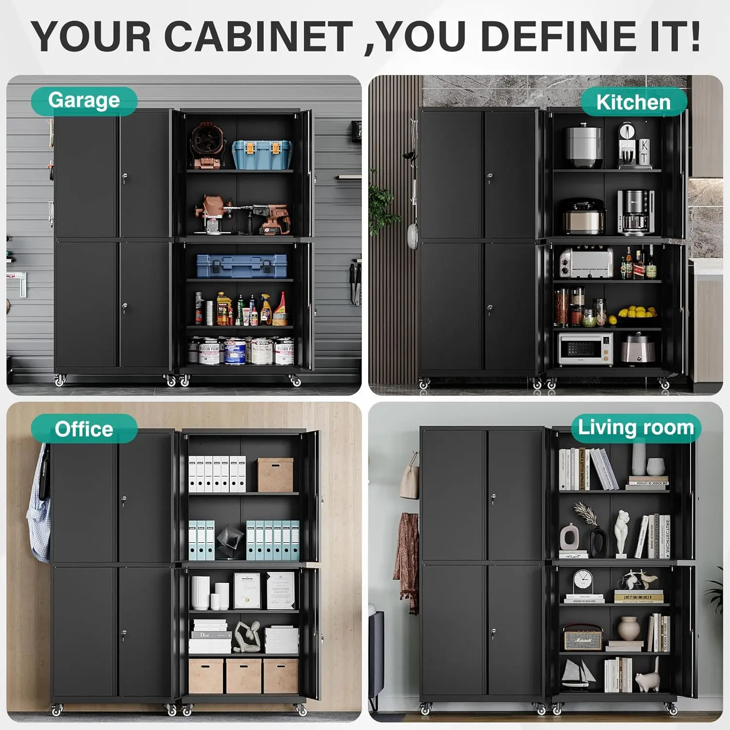Tool Metal Storage Cabinet with Wheels Rolling Garage Storage Cabinet with Lock Black Metal Cabinet with Shelves 6