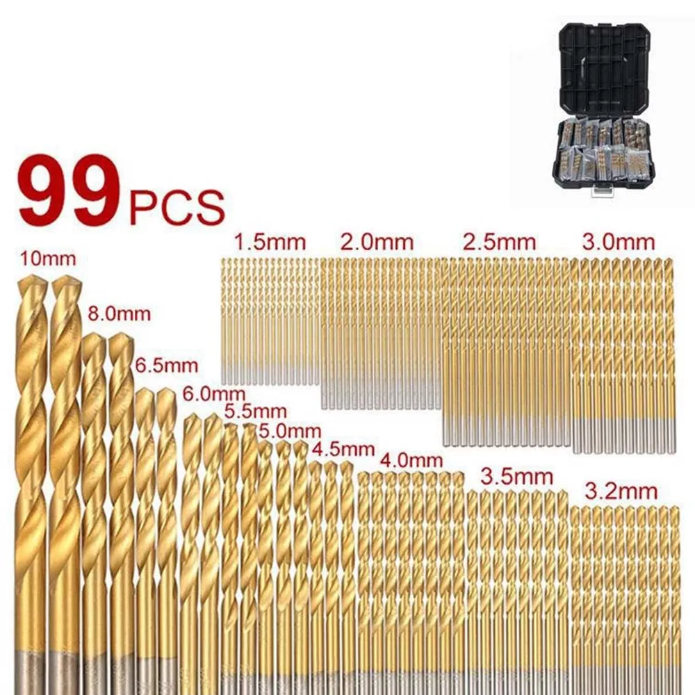 99Pcs 1.5 /2 /8 /10mm Titanium Coated Twist Drill Bit High Steel for Woodworking Plastic And Aluminum HSS Drill Bit Tool Set