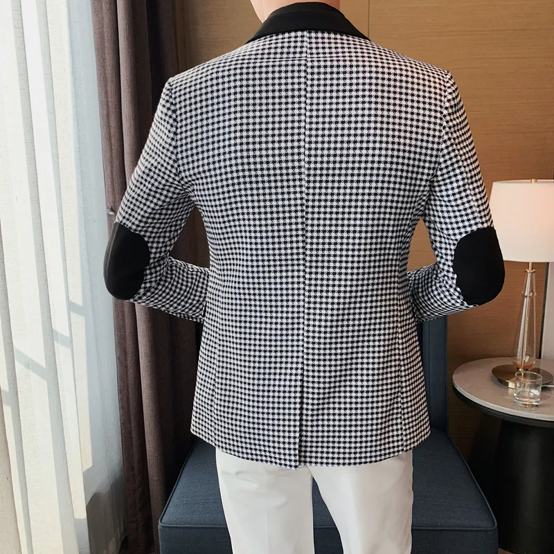Autumn Winter Korean Houndstooth Blazer Jackets Fashion Color Matching Lapel Design Casual Men Plaid Suit Coat Tuxedo Men Suits Jackets