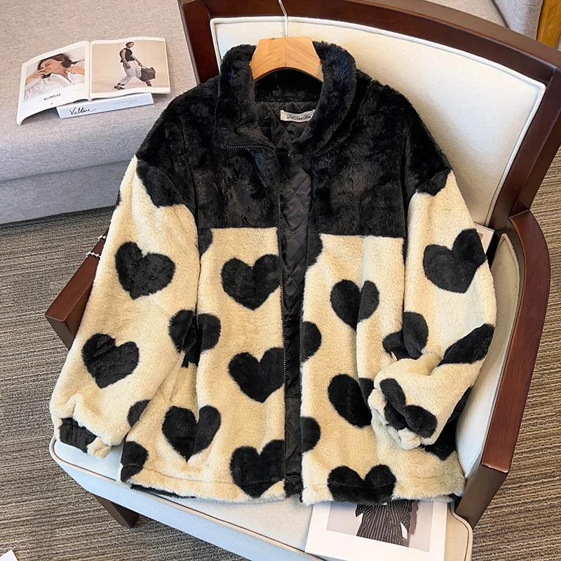 Cárdigans de retales con estampado de corazón de terciopelo grueso de algodón suelto coreano para mujer, chaqueta de felpa con cremallera elegante de gran tamaño, Y2k, invierno, nuevo - Image 3