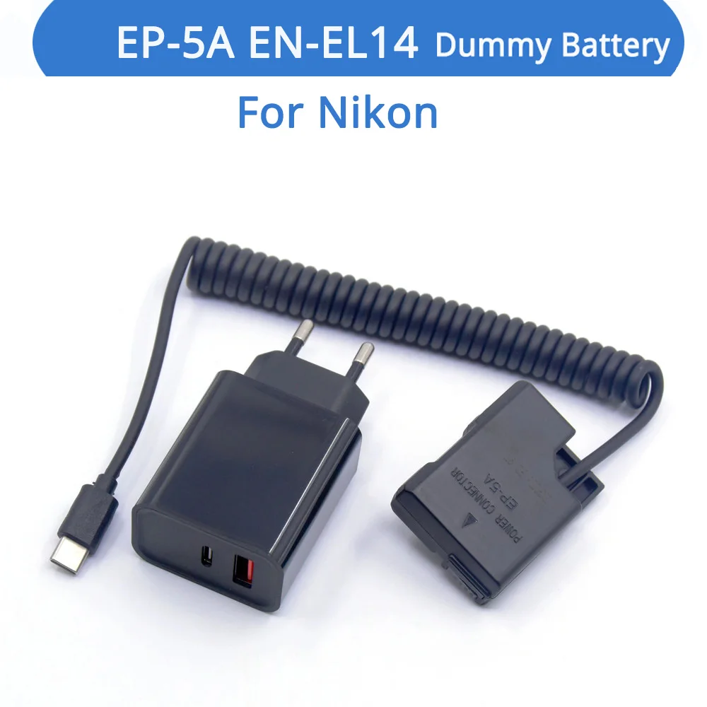 

PD Charger EP-5A EN-EL14 MH-24 Dummy Battery With Spring Wire USB C Cable For Nikon D3200 D3300 D3500 P7000 P7100 D5300 D5500