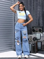 Women's High Waist Button Up Butterfly Print Jeans Fashion Casual Straight Pants for Women Spring Summer 2024 Chic Ripped Jeans - Image 6