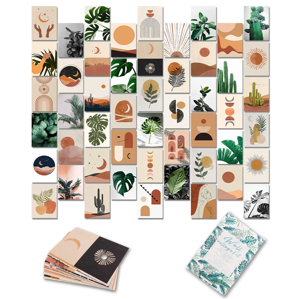 

50pcs Simple Style Postcard Set Green Leaves Wall Art Collage Kit Indie Bohemian Style Aesthetic Pictures Posters Room Decor